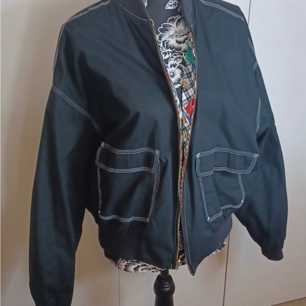 Liz Claiborne Vintage Reversible Bomber Jacket, Black, White, Colorful, Size L